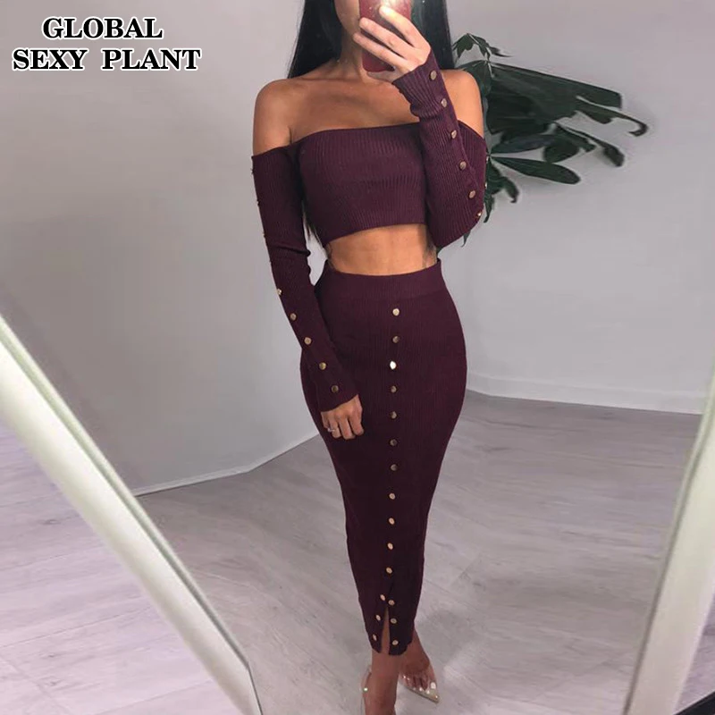 Пикантные с открытыми плечами длинным рукавом Bodycon платье осенне зимняя Дамская