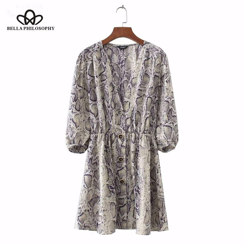 Wonder 2019 new Spring women sexy V-neck snake pattern dress three quarter sleeve pleated buttons casual mini vestidos
