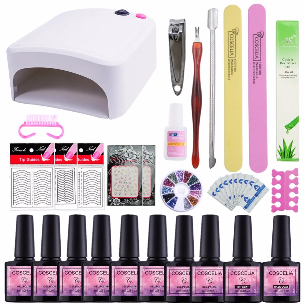 

8Pcs/Lot Beginner Nail Art Tools 36W UV LED Nail Dryer Led Lamp Set Any 8 Colors Gel Nail Polish Nail Manicure Kits