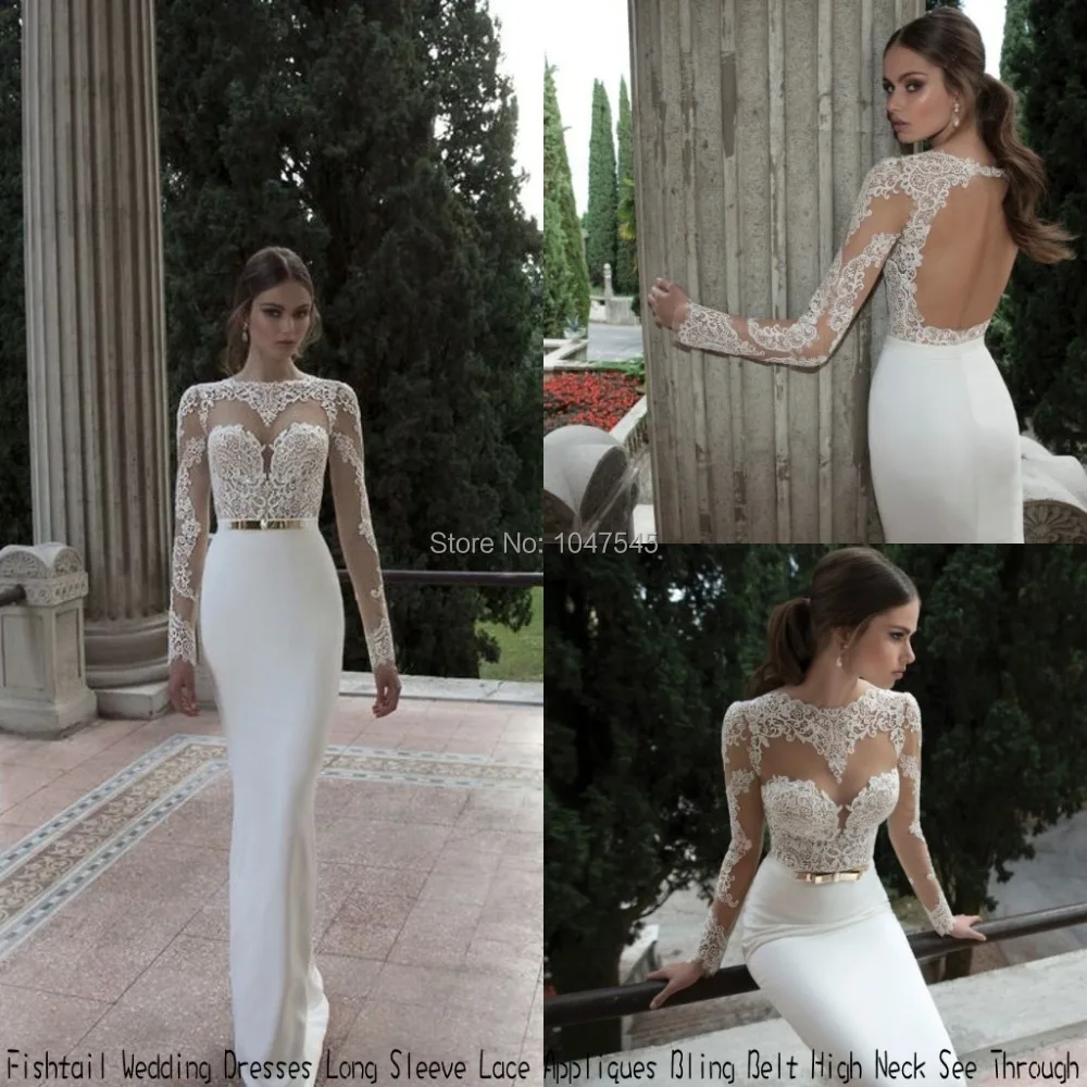 Fish Tail Wedding Dresses Long Sleeve Lace Appliques High Neck See
