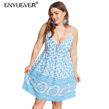 

Enyuever Plus Size Boho Dress Bohemian Women Clothes Spaghetti Strap Casual Blue Floral Print Summer Party Dress Beach Vestidos