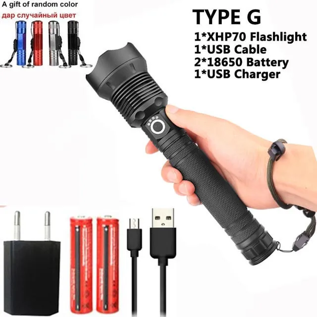 Yunmai 80000LMs Powerful LED Flashlight XHP70 XHP50 Rechargeable USB Zoom Torch XHP70.2 18650 26650 Self Defense Hunting Lamp - Emitting Color: G