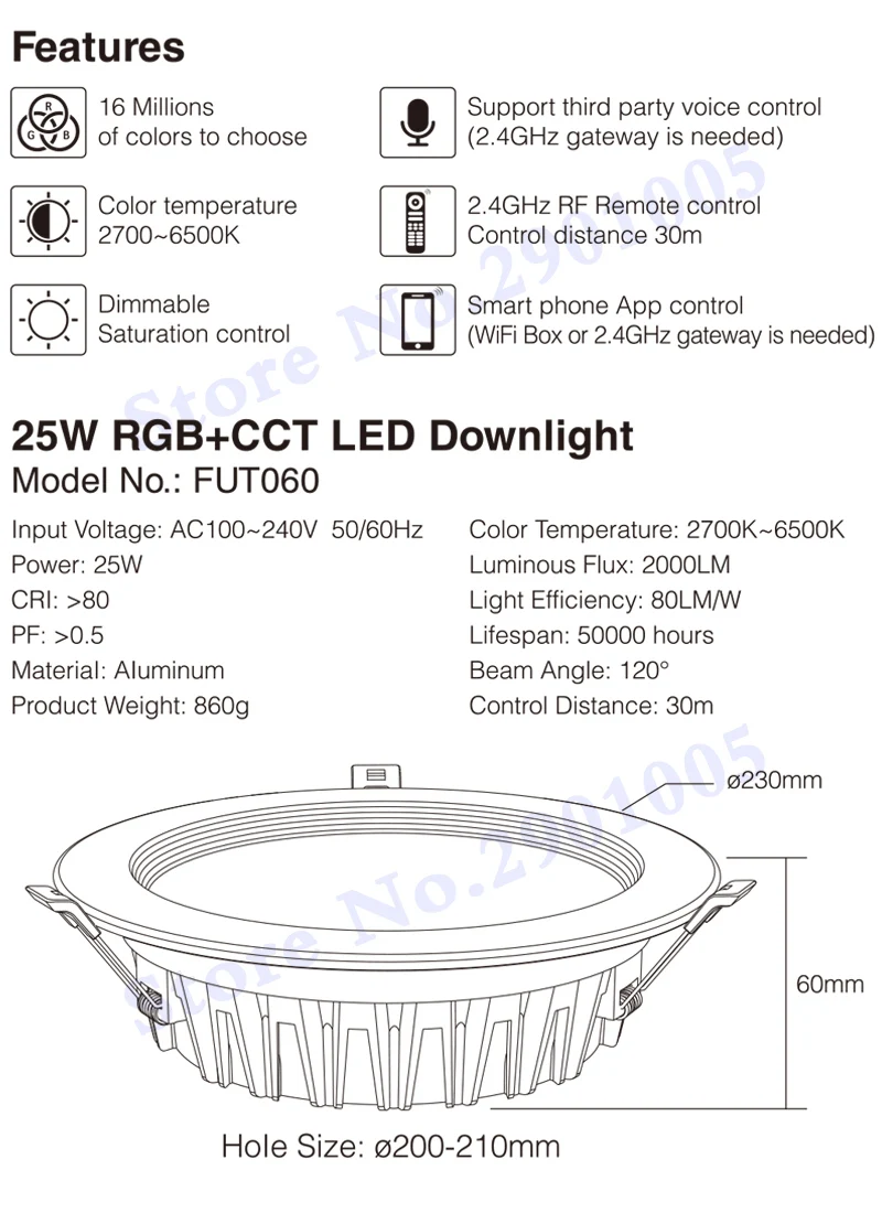 25 Вт RGB+ CCT встраиваемый внутренний светодиодный потолочный светильник с регулируемой яркостью AC100~ 240 В размер отверстия 200~ 210 мм совместим с 2,4G RF пульт дистанционного управления