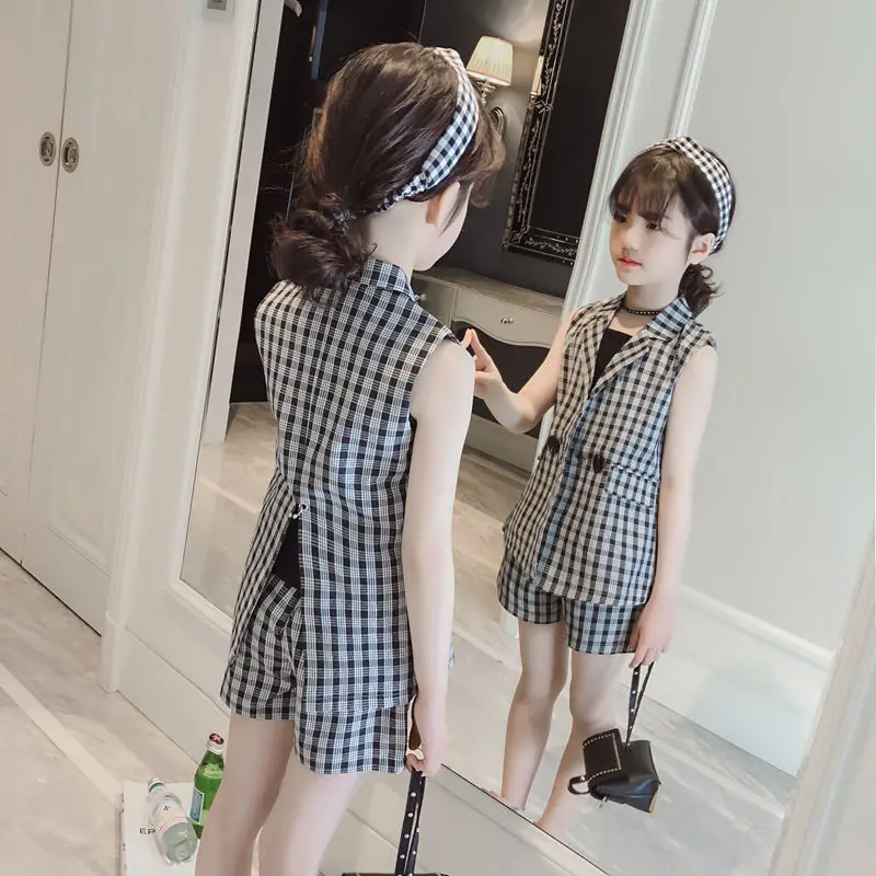 

Teenage Girls Clothing Suit Summer Plaid Jacket Shorts Tracksuit 3pcs School Uniform Girls Clothes set Children Outfits 10 Years