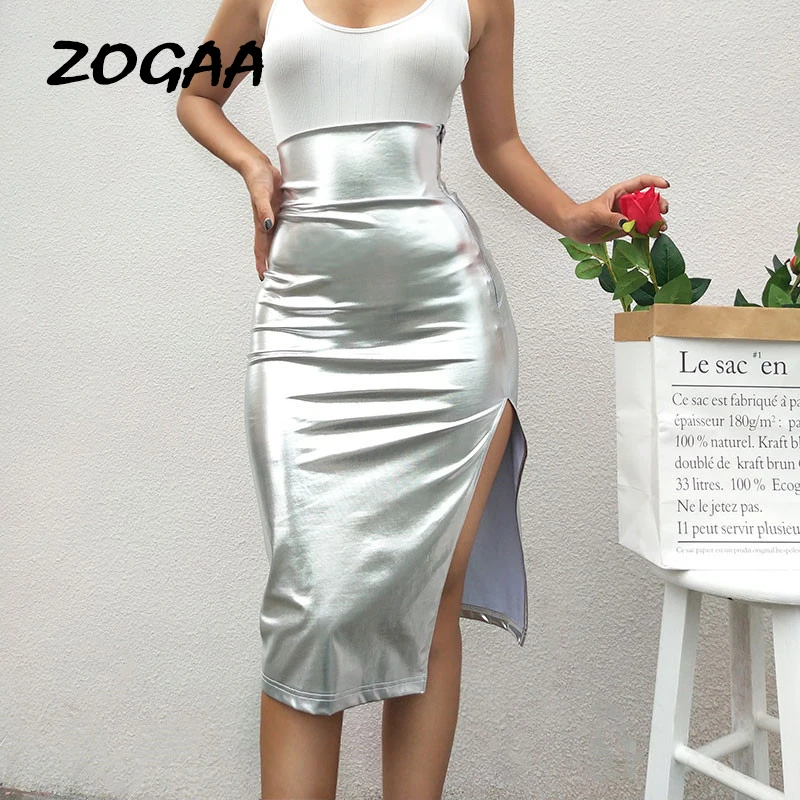 

Buttock Silver Split Women Skirts Slim Fit Knee Length Retro Streetwear Zipper Summer New Elegant Brand Cloth Female Long Skirts