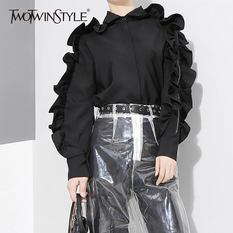

TWOTWINSTYLE Ruffles Shirt Female Patchwork Off Shoulder Zipper Long Sleeve Blouse Top For Women Spring Harajuku New Clothing