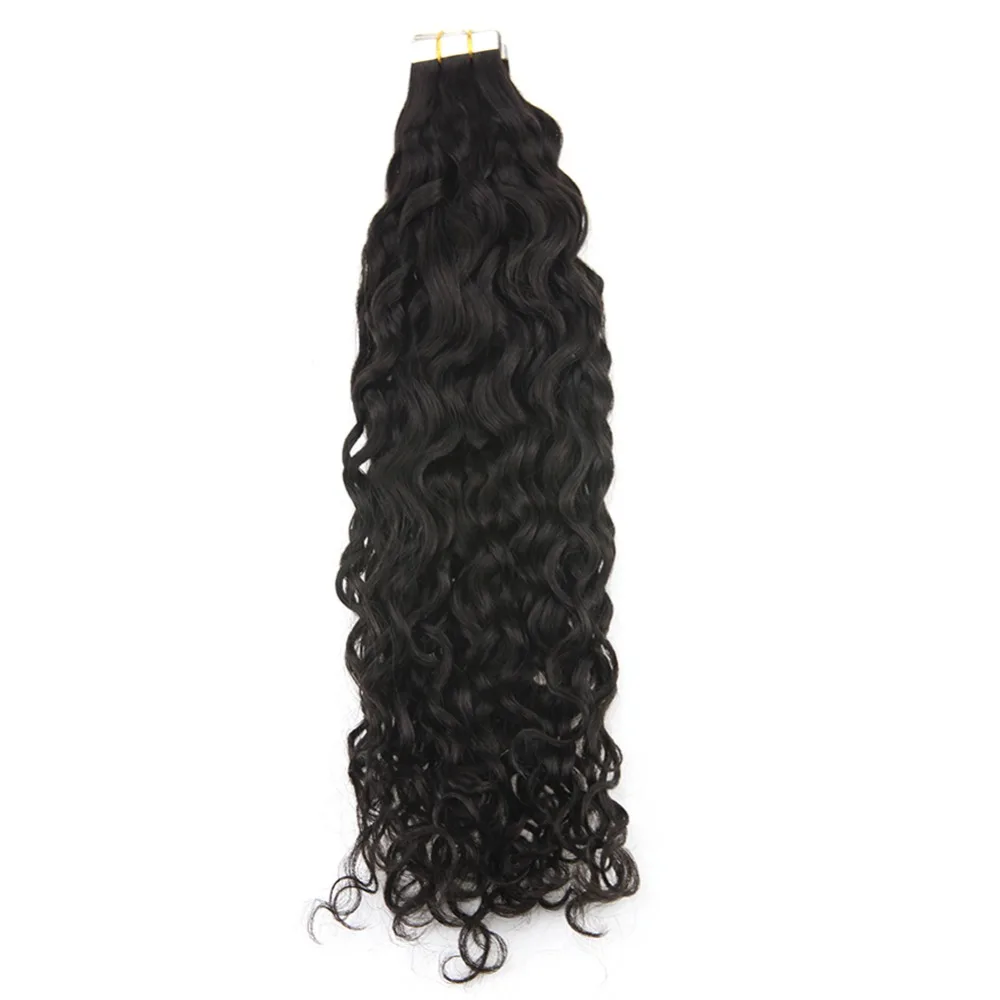 Полный блеск 50 г натуральный волнистая лента в наращивание волос клей клейкие ленты Remy человеческие волосы черный цвет 20 шт. клей на Cheveux Humain