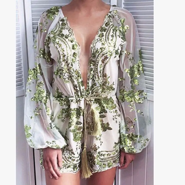 Весна V шеи комбинезоны для женщин блесток комбинезоны Boho сетчатый комбинезон боди с завязками комбидрессы с поясом женский комбинезон