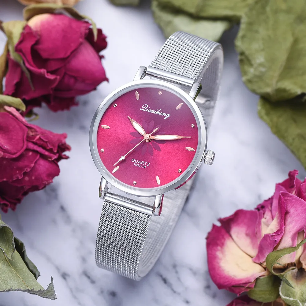 Женские наручные часы, роскошные, серебряные, популярные, с розовым циферблатом, цветы, металлический браслет, кварцевые часы, модные наручные часы, топ, W50