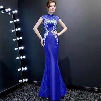 

Lady Lace Patchwork Hollow Out Rhinestone Women Qipao Handmade Tassel Cheongsam Formal Party Dress Sexy Elegant Mermaid Dresses