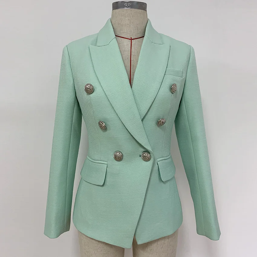 

2019 High Quality Buttons Decoration Blazers England Style Double-breasted Coats Feminine Office Wear Solid Mint Green Jackets