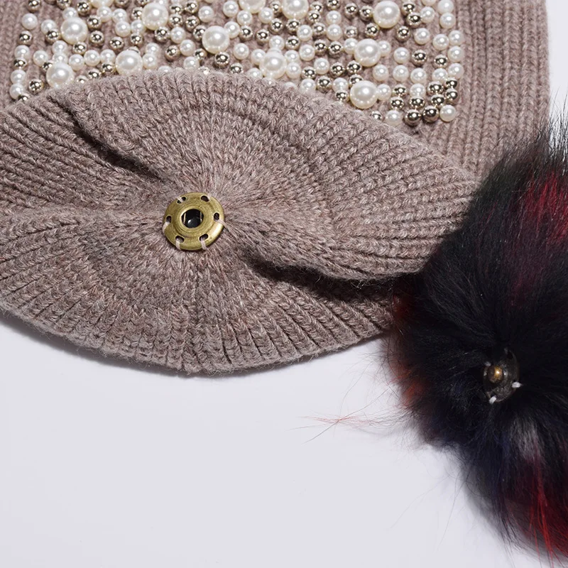 Women Winter Hat Wool Knit Raccoon Pom Pom Cap Warm Ski Outdoor Accessory  (12)