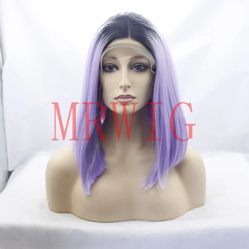 

MRWIG heat resistant lace front wig 10-16inch left side part black root ombre purple short bob synthetic fiber women