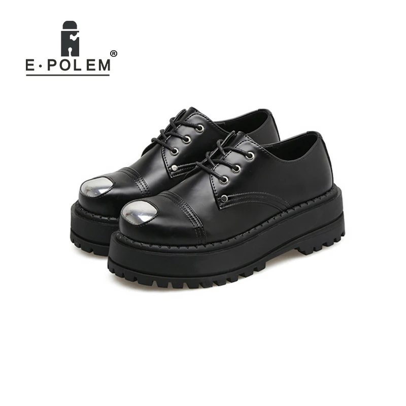 

2018 Trendy EU/US Punk Round Toe Lace-Up Platform Shoes Female Harajuku College Retro Flat Shoes Boots Metal Nose Footwear Shoe