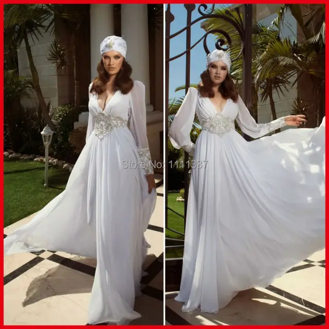 Greek Style V Neck Beaded A Line Chiffon Wedding Gown Long Sleeve Greek Style V Neck Beaded A Line Chiffon Wedding Gown Long Sleeve Vintage