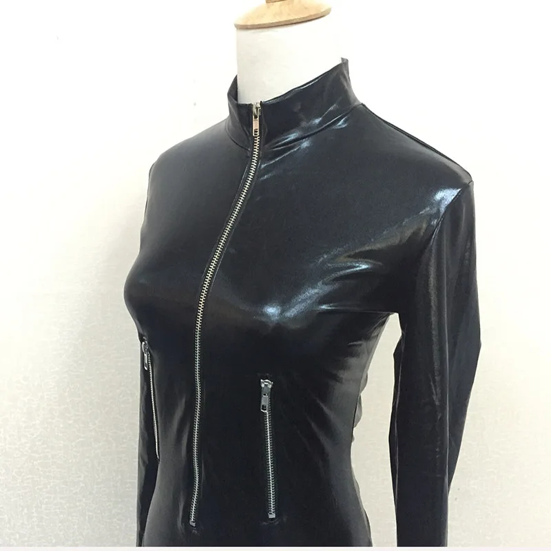 SEBOWEL черный Искусственная Pu кожаный костюм Женская с длинным рукавом молнии облегающие костюмы Новый Демисезонный 2019 женского тела Одежда