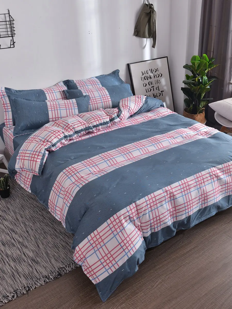 

3/4Pcs Bed Sheet Set Color Block Plaid Pattern Comfy Soft Bedding Set