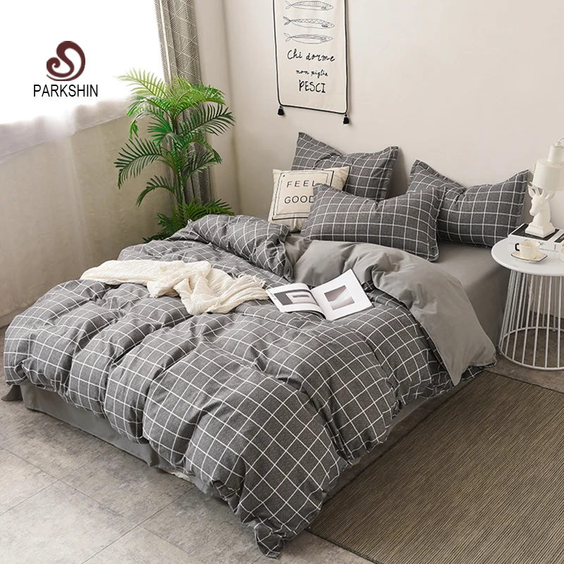 Best ParkShin Classic Lattice Gray Bedding Set Comfortable Duvet Cover Bed Linen Pillowcase Flat Sheet Single Double Queen King Size