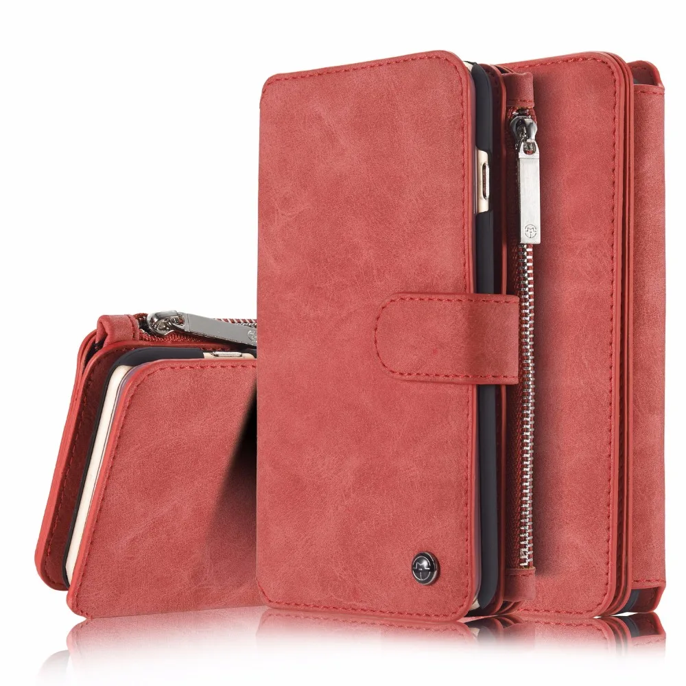 

Shock-absorbing genuine leather phone case 2 in 1 wallet organizer 12 card slot phone cover for iPhone 6 Plus/6s Plus-Red