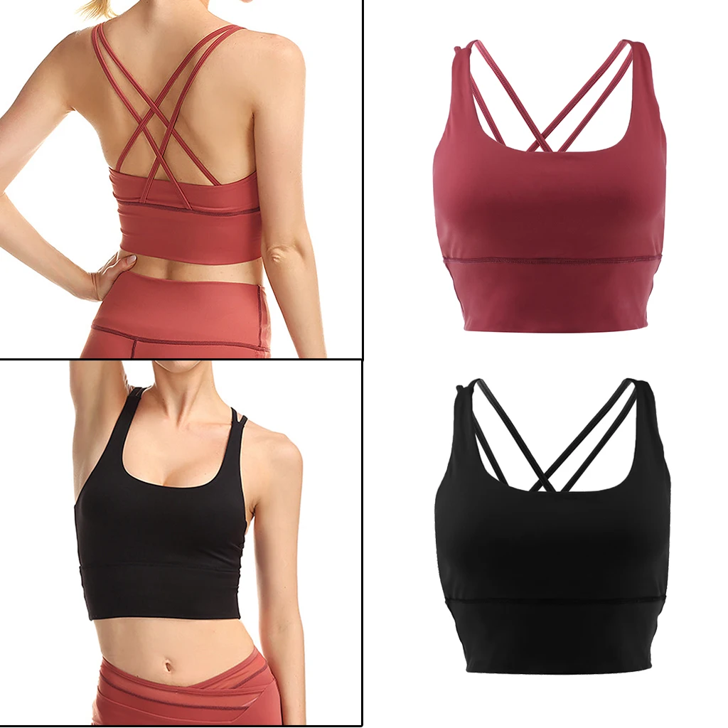 Womens Push-up Padded Strappy Sports Bra Top Cross Back Wirefree Fitness Vest Unremovable Padded Wireless Tops Lady Underwear