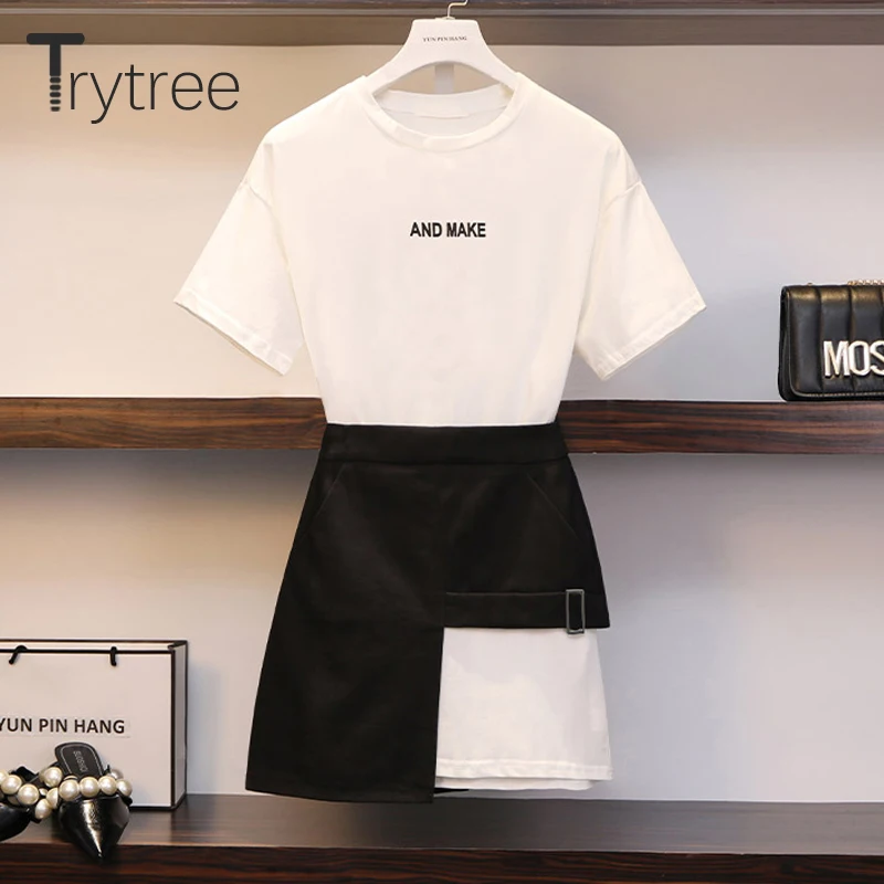 Trytree الربيع الصيف المرأة اثنين من قطعة مجموعة عارضة القطن إلكتروني طويلة أعلى + تنورة البسيطة جيوب سحابات البوليستر دعوى 2 قطعة مجموعة