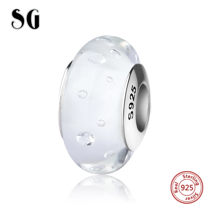 

SG silver 925 sparkling Murano glass beads white color charms fit authentic European bracelets fashion jewelry making gifts 2017