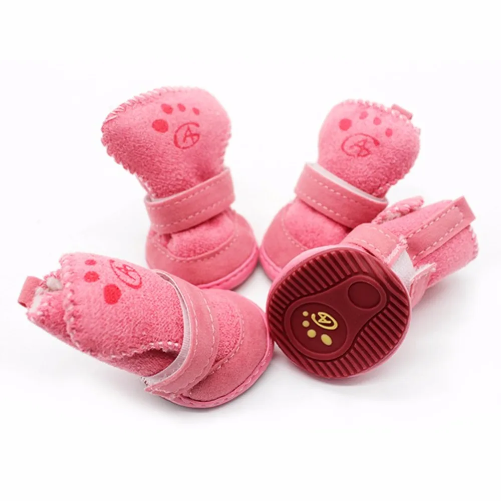 4pcs/set Dogs Snow Boots Pets Pink Puppy Shoes Winter Warm Soft
