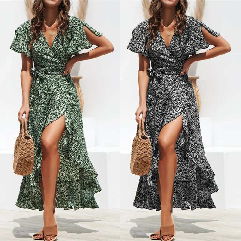 

Bohemia Sexy Chiffon Polka Dot Dress Summer Printed Sashes Patchwork Dress Asymmetric V Neck Beach Party Long Dress Vestidos