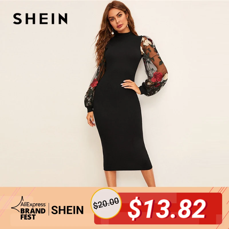 

SHEIN Flower Embroidered Mesh Sleeve Bodycon Dress Women Spring Black Elegant Dress Stand Collar Long Sleeve Slim Midi Dress