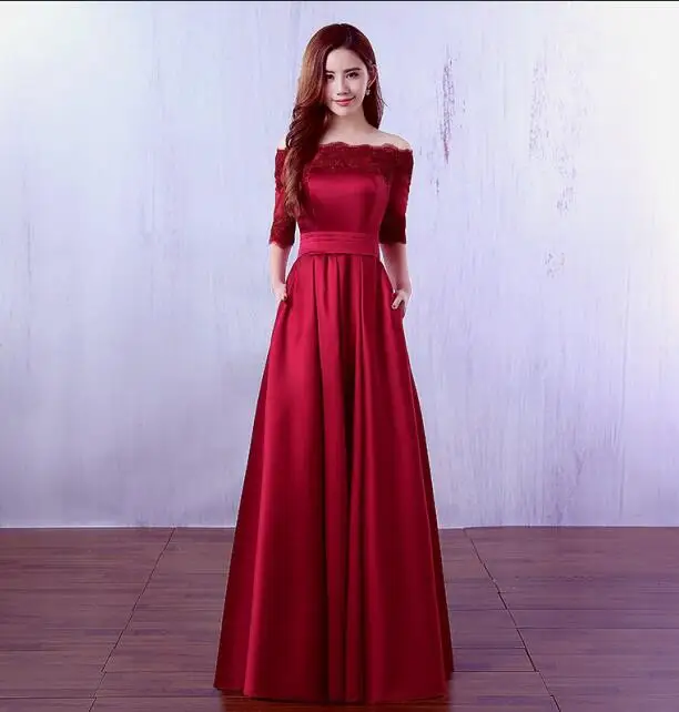 Большие размеры красное вино красное вечернее платье с вырезом лодочкой Половина рукава Атласное с открытыми плечами элегантное женское платье для выпускного вечера - Цвет: wine red