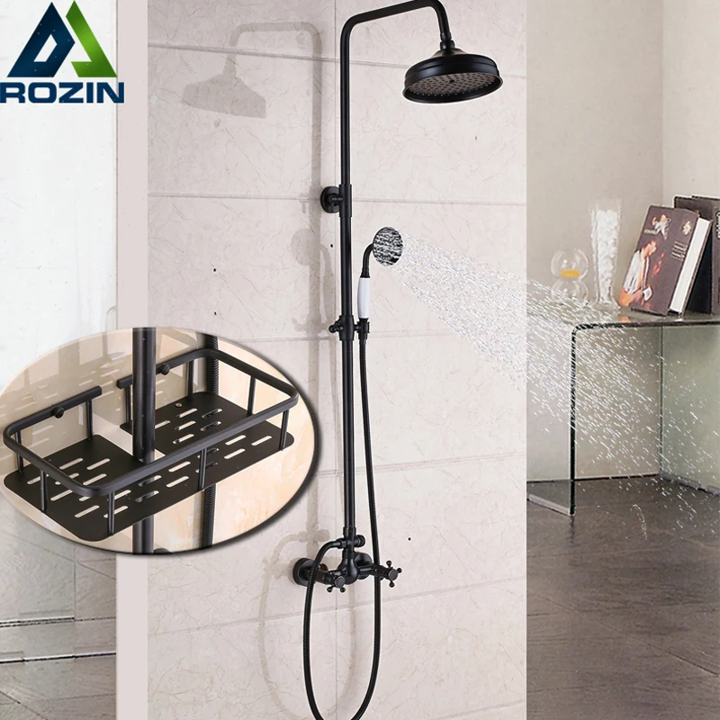 

Wall Mounted Bathroom Shower Mixers Kits with Commodity Shelf Dual Handle Shower Faucet 8" Rainfall with Hand Shower Mixer Taps