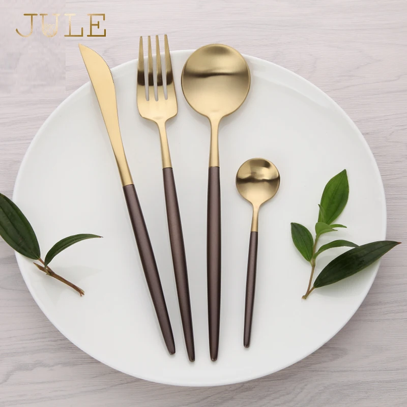 

Luxury 4 Pcs Dinnerware Set Stainless Steel Black Handle Gold Cutlery Set Dinner Scoop Fork Knife Set Teaspoon Tableware For 1