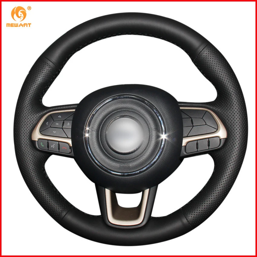 MEWANT Black Genuine Leather Car Steering Wheel Cover for Jeep Compass