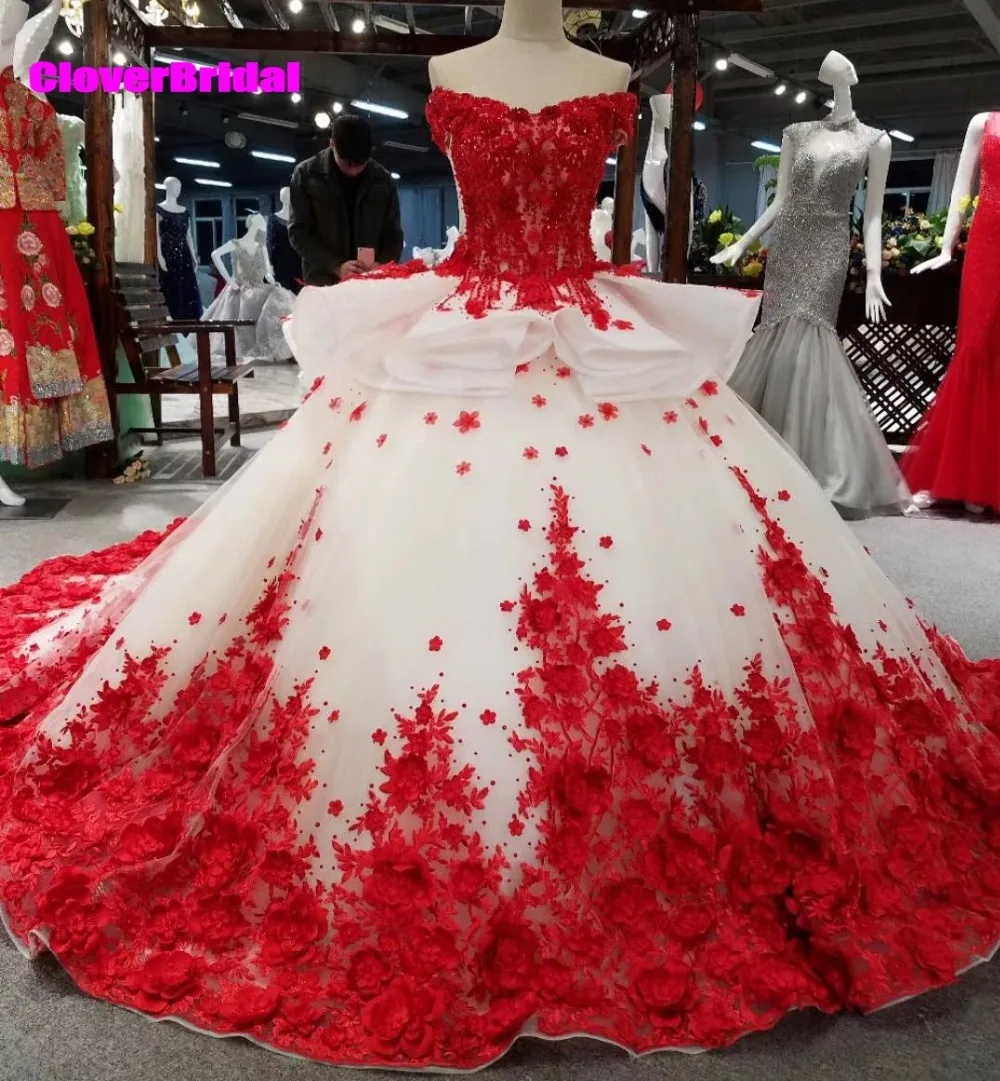 CloverBridal бальное платье с открытыми плечами красное и белое кружевное цветочной
