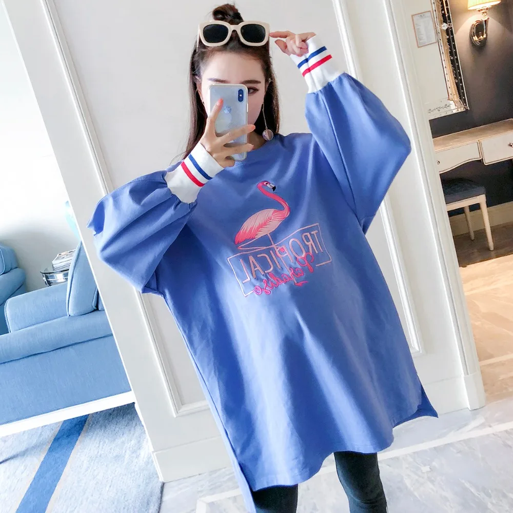 

Pregnant women sweater fashion models 2018 autumn new long-sleeved casual shirt loose large size embroidery maternity dress