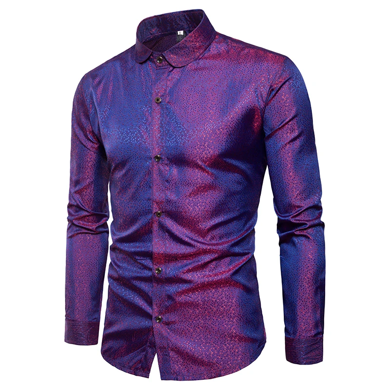 

2018 New Casual Men's Long-sleeved Shirt 2XL 3XL Purple Gold Gray Square Collar Single-breasted Men Shirt Sexy Slim and Elegant