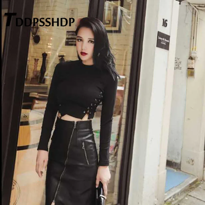 

2019 Black Color Bandage Women T Shirt Short Style Spring Round Neck Female Tee Tops