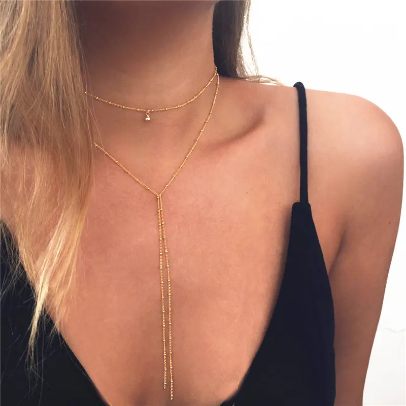 Новое Золотое ожерелье многослойный молоточек цепь, ожерелье Длинный подвес-полоска колье-чокер для женщин цепь свитера