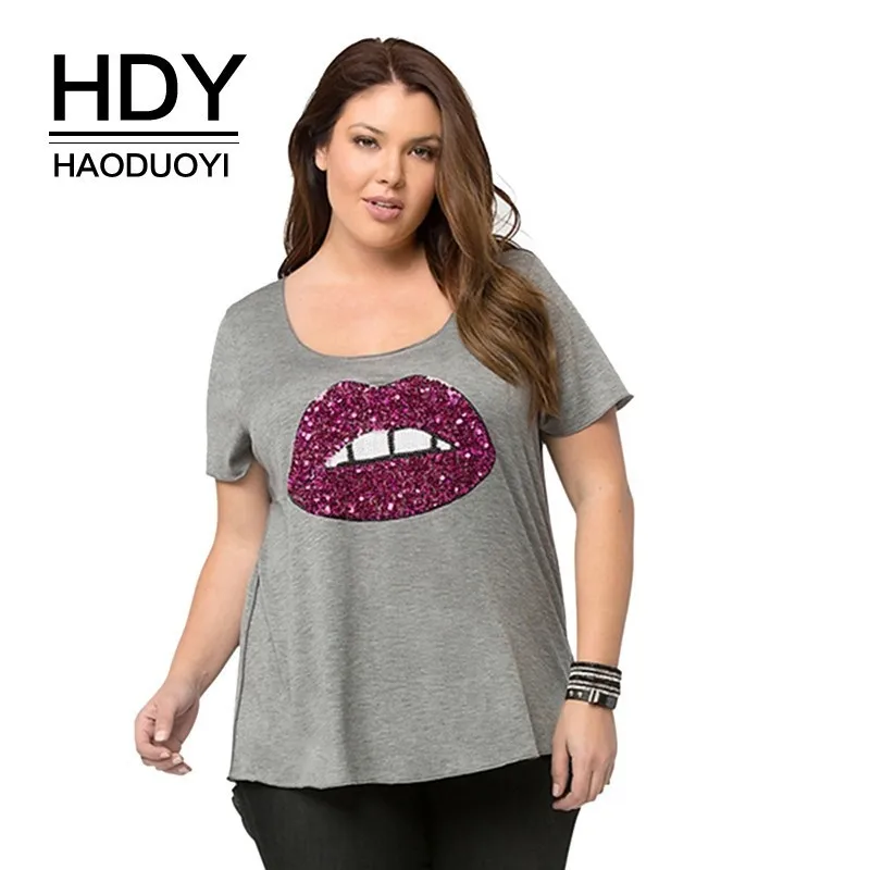 HDY Haoduoyi, плюс размер, однотонные красные губы, блестки, круглый вырез, короткий рукав, футболка, женская, повседневная, для отдыха, свободные топы, 4XL 5XL 6XL