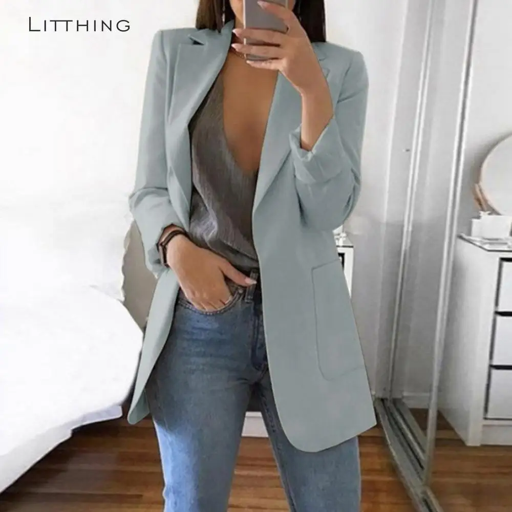 

LITTHING 2019 Women Long Sleeve Solid Color Turn-down Collar Coat Lady Business Suit Cardigan Jacket Suit Femme Blazer Slim Top