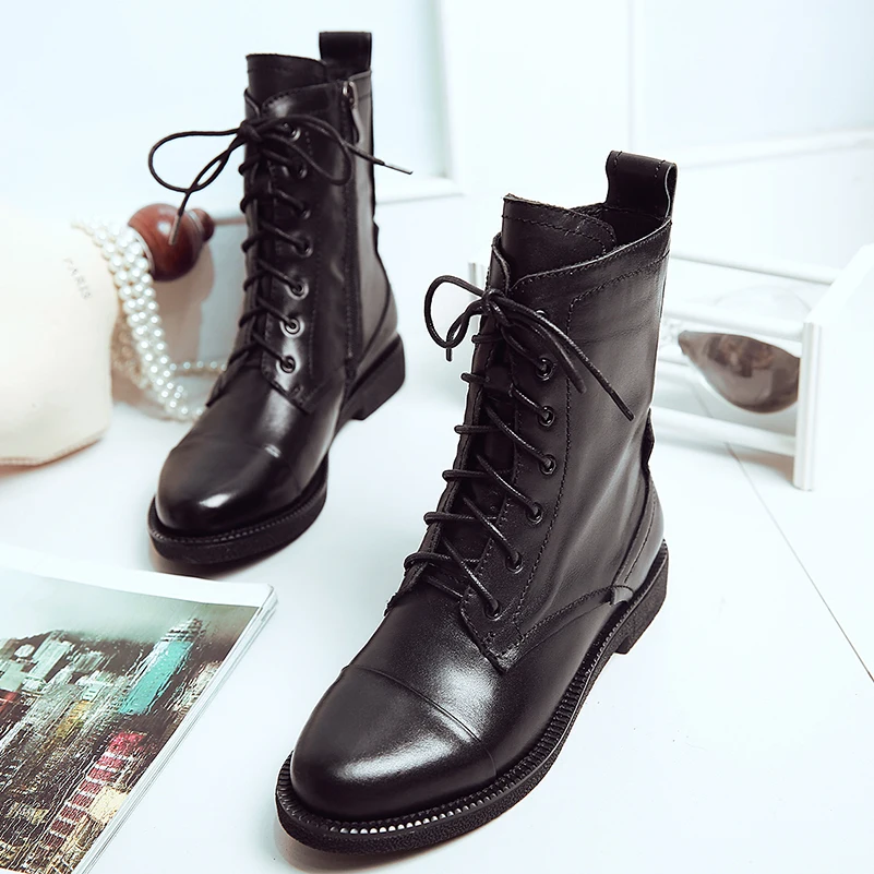 Women s boots women ankle boot new fashion autumn winter Genuine leather lace up shoes zapatos
