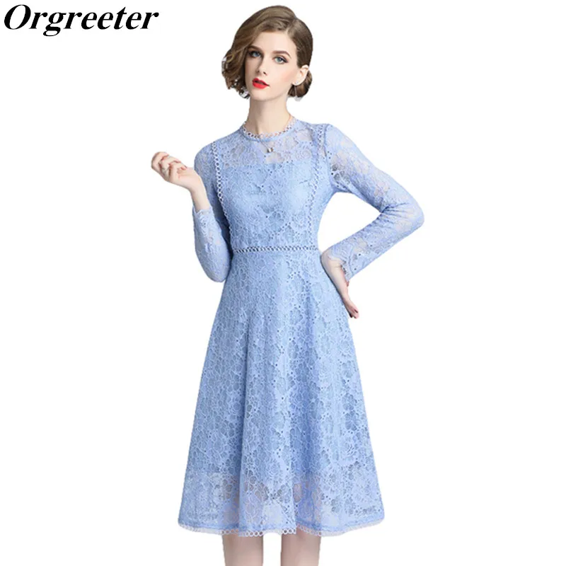 

Brief Light Blue Hollow Out Lace A-line Dress Women 2019 Spring O-neck Long Sleeve Knee-length Lace Dresses Vestidos