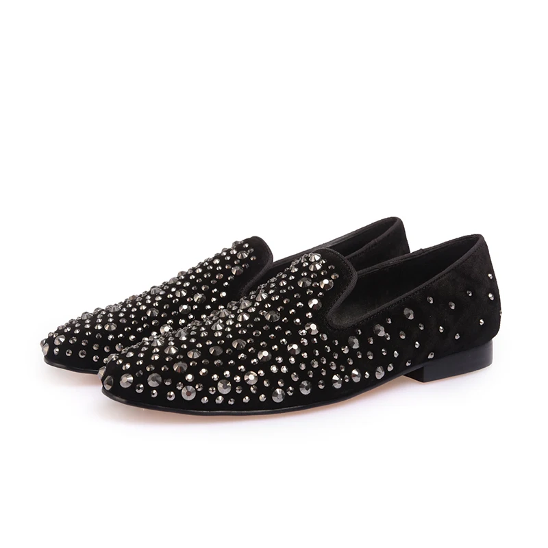 Brand Designer Men Black Crystal Shoes New Genuine Leather Fashion Men's Flats Prom Male Loafers Size 39-46