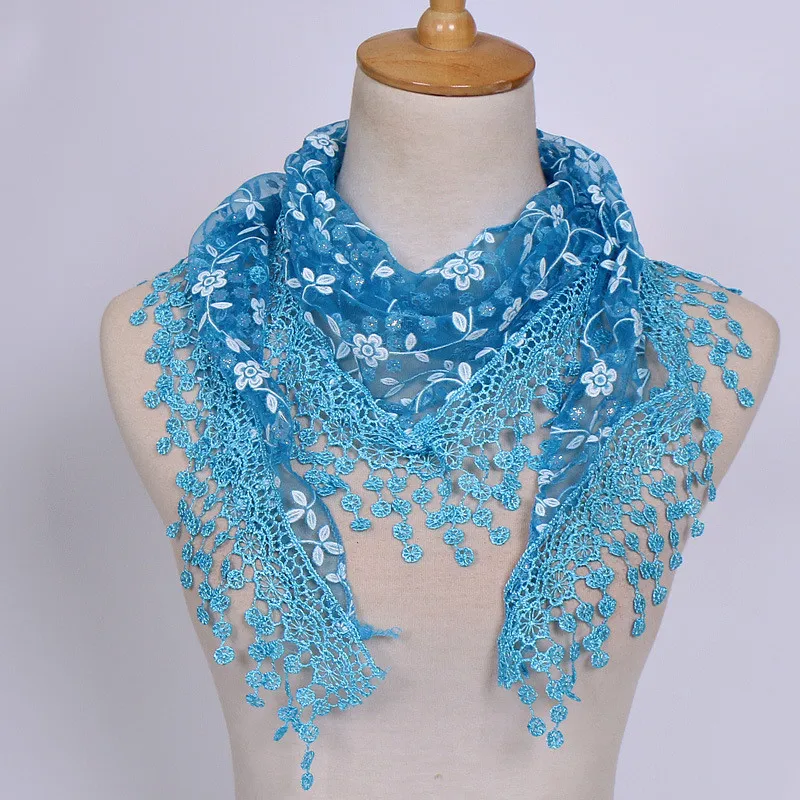 

New Brand design Summer Lady Lace Scarf Tassel Sheer Metallic Women Triangle Bandage Floral scarves Shawl A30