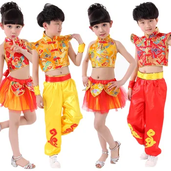 

(10 set)Children show costumes performances boy national dress red festive costumes of the girls Chinese kung fu performance