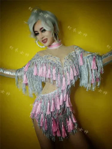 Pink Модное серебряное платье с блестками и кисточками, Сексуальная вечерняя одежда, цельные платья, перспективные стразы, платье с длинными рукавами - Цвет: Pink