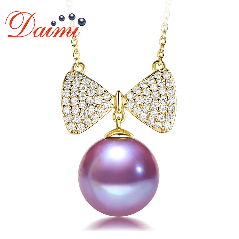 

DAIMI 10.5-11mm Natural Pearl Pendant Necklace Genuine 925 Silver Bow-knot Pendant Round Purple Pearl Necklace for Women