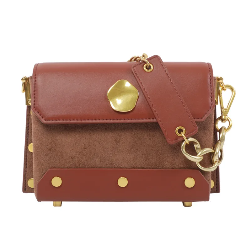 

Simple design leather lady bag vintage frosted cowhide stitching chain bag rivet small square bag single shoulder cross-body bag