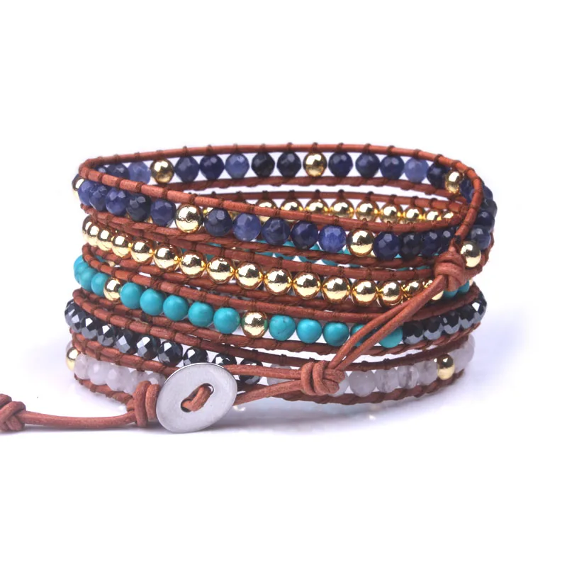 

New Women jewelry Leather Bracelet Unique Mixed Natural Stones 5 Strands Wrap Bracelets Handmade Boho Chic Bracelet Dropship