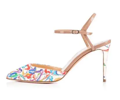 

2019 spring and summer new sequins open toe Women's White Floral Printed Pointed Toe Stiletto Heels Sandals